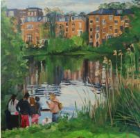 'Feeding the Swans', Oil on board, 20cm x 20cm