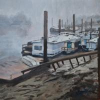 'Thames Fog', Oil on board, 20cm x 20cm, mounted 35cm x 34cm  