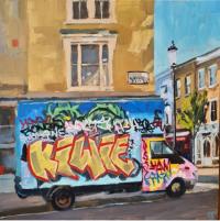 'The Graffiti Van on Portobello Road', Oil on board, 20cm x 20cm, mounter 35cm x 34cm  