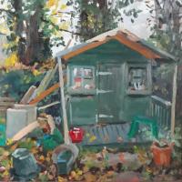 'The Green Shed', Oil on board, 20cm x 20cm, Framed 30cm x 30cm £435