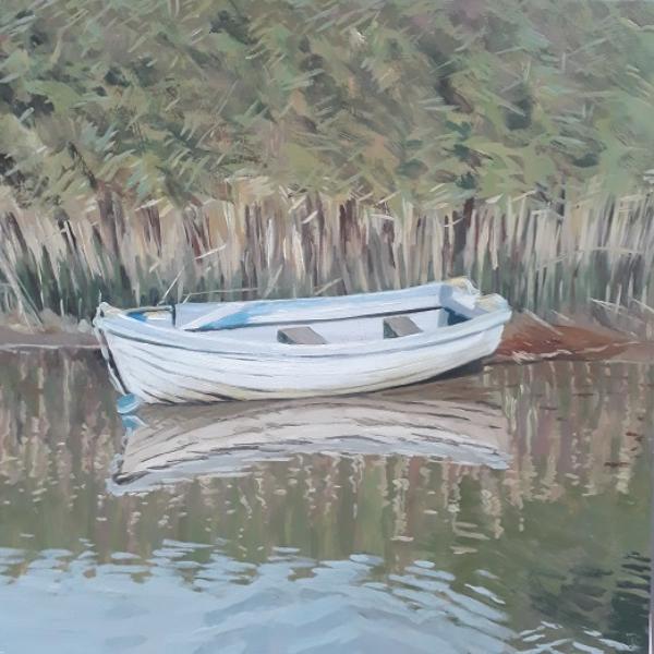 'Fishing Boat & Buoys', Oil on canvas, 40cm x 40cm