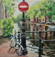 'Bicycles & Canal, Amsterdam', Oil on board 20cm x 20cm